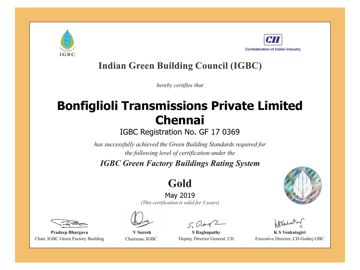 Bonfiglioli Transmissions Pvt. Ltd is now Gold Certified Green Building